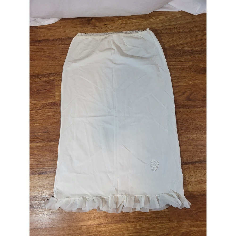 VTG 1960's HER MAJESTY WHITE NYLON TIERED LACE & TUCKS PETTICOAT HALF SLIP SZ 10